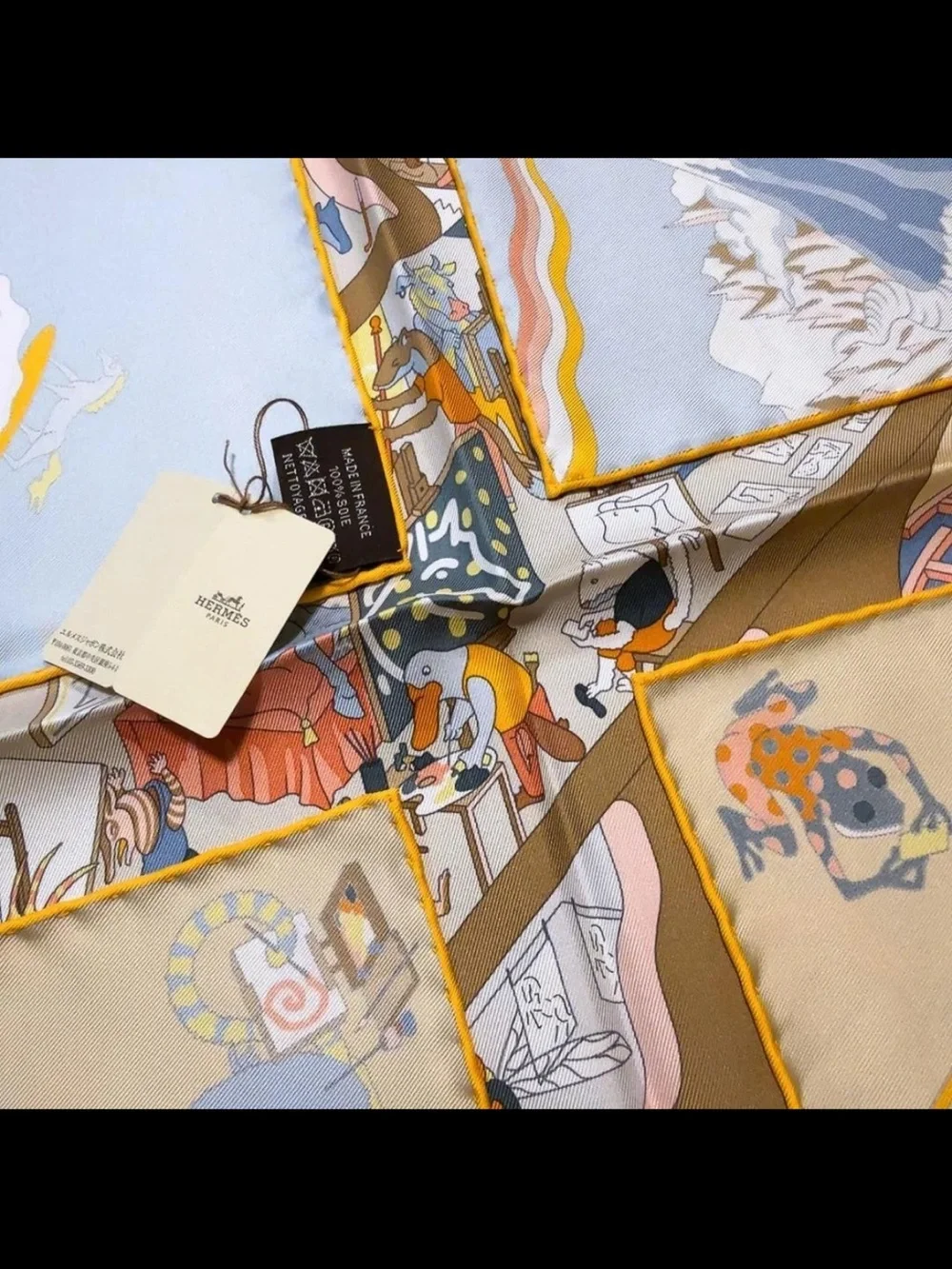 Hermes Silk Scarf Throw in Beige and Light Blue with Orange Accents